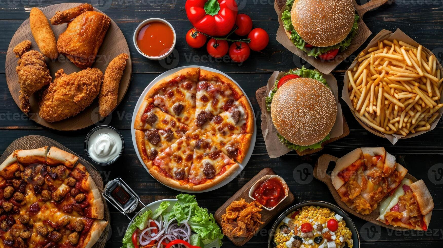 Delicious Takeout Feast: Pizza, Burgers, Fried Chicken & More