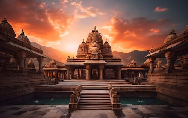 Sunset Serenity: Temple Silhouetted by Golden Skies Sunset Serenity: Temple Silhouetted by Golden Skies