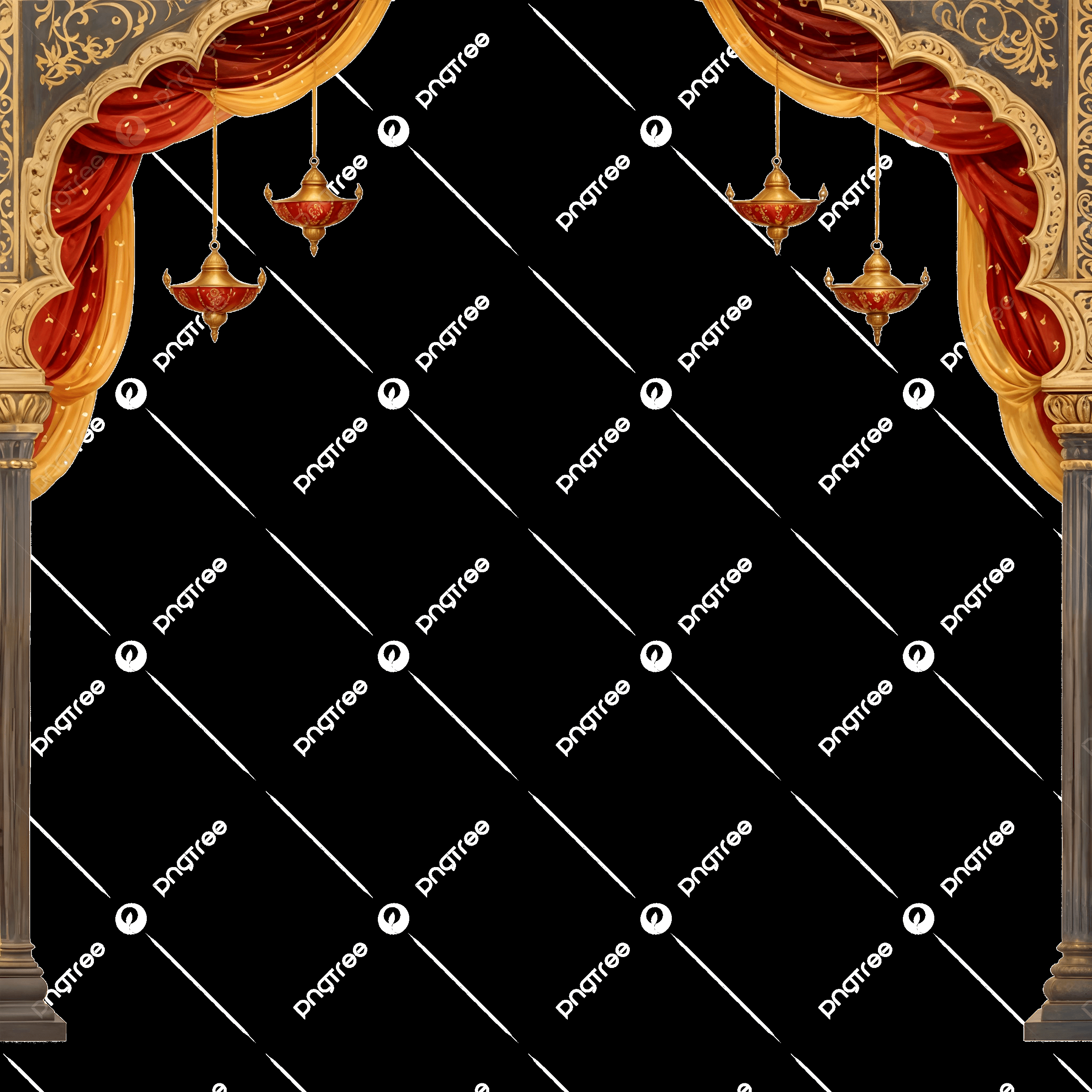 Stunning Indian Arch Decor with Red Curtains & Hanging Lamp Stunning Indian Arch Decor with Red Curtains & Hanging Lamp