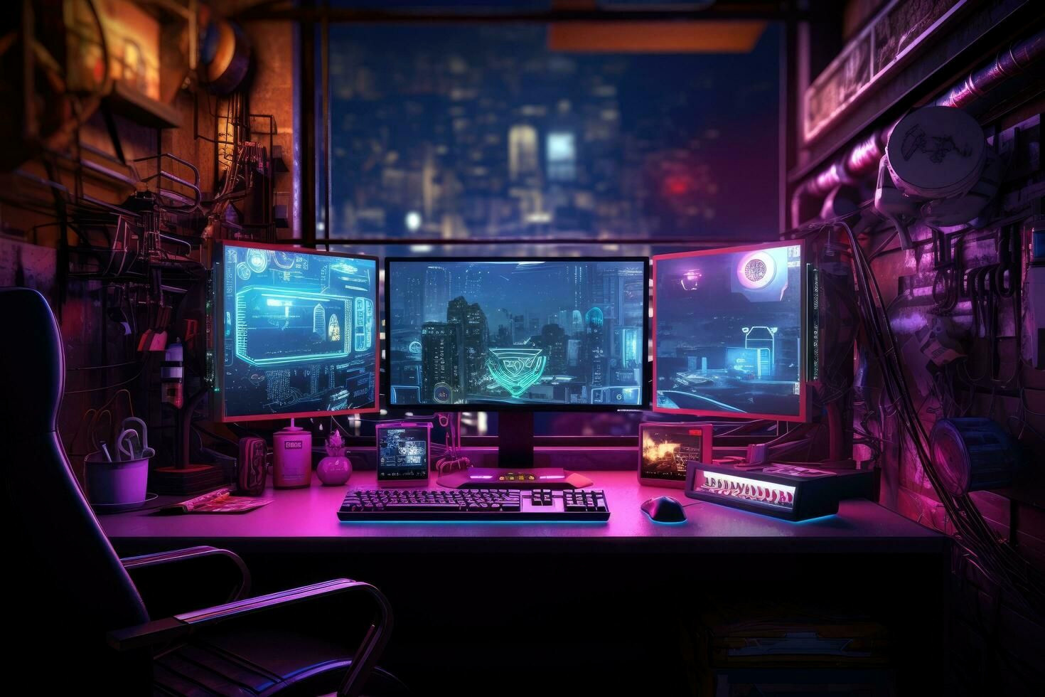 Cyberpunk Gamer Workspace 3D Rendering — Free AI Generated Download Cyberpunk Gamer Workspace 3D Rendering — Free AI Generated Download