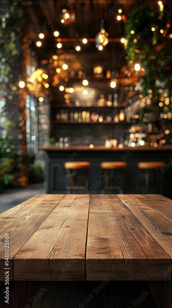 Cozy Bar Ambiance: Rustic Wooden Table Under Warm Evening Lights