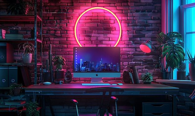 Industrial Chic Home Office with Metal Shelves and Neon Glow Industrial Chic Home Office with Metal Shelves and Neon Glow