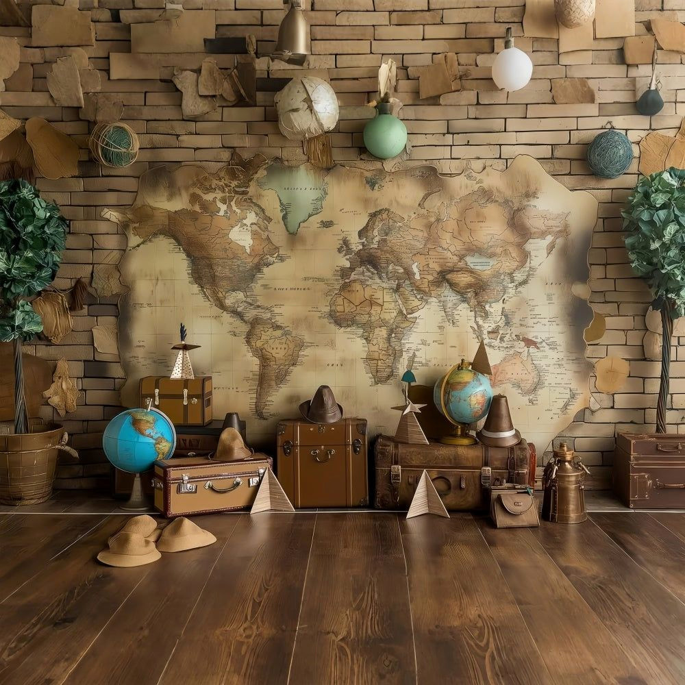 Rustic Travel Adventure Map Backdrop for Photography