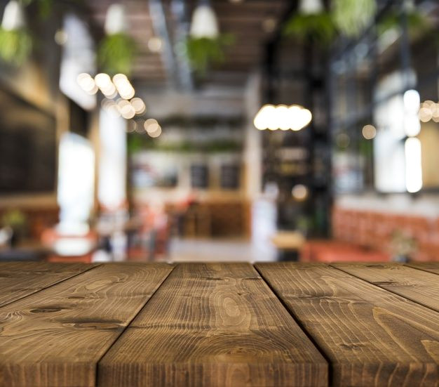 Restaurant Scene on Wooden Table Restaurant Scene on Wooden Table